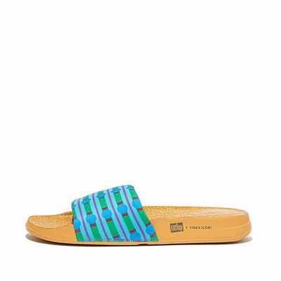 Chanclas Fitflop IQUSHION X Yinka Ilori Agua-Resistant Slides Mujer Azules Verde | Chile-60913