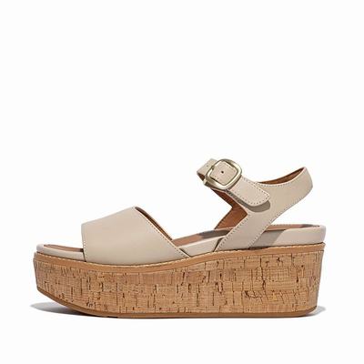 Sandalias De Cuña Fitflop ELOISE Cork-Wrap Leather Mujer Gris Beige | Chile-80936