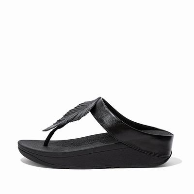 Sandalias Fitflop FINO Feather Metallic Toe-Post Mujer Negras | Chile-58406