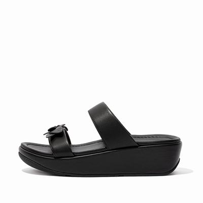 Sandalias Fitflop FINO Floral Leather Slides Mujer Negras | Chile-72985