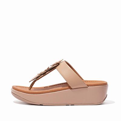 Sandalias Fitflop FINO Floral Leather Toe-Post Mujer Beige | Chile-49520