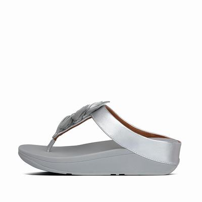 Sandalias Fitflop FINO Leaf Metallic Leather Toe-Thongs Mujer Plateadas | Chile-73198