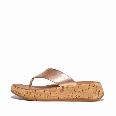 Sandalias Fitflop F-MODE Metallic Leather/Cork Flatform Toe-Post Mujer Rosas Doradas | Chile-03856