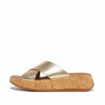 Sandalias Fitflop F-MODE Metallic Leather/Cork Flatform Cross Slides Mujer Marrones Doradas | Chile-39257