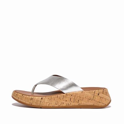 Sandalias Fitflop F-MODE Metallic Leather/Cork Flatform Toe-Post Mujer Plateadas | Chile-49103