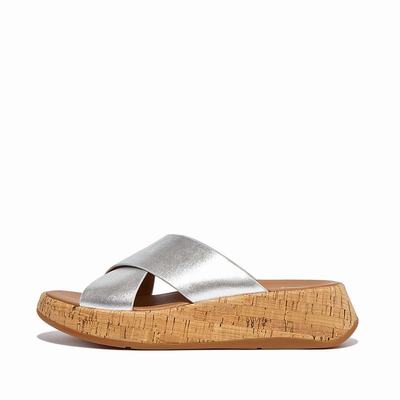 Sandalias Fitflop F-MODE Metallic Leather/Cork Flatform Cross Slides Mujer Plateadas | Chile-68402