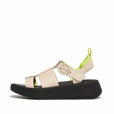 Sandalias Fitflop F-MODE Neon-Pop Leather Flatform Fisherman Mujer Gris Amarillo | Chile-71382