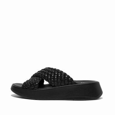 Sandalias Fitflop F-MODE Woven Leather Flatform Cross Slides Mujer Negras | Chile-71938