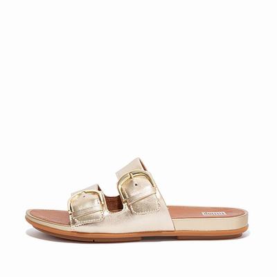 Sandalias Fitflop GRACIE Buckle Metallic Leather Slides Mujer Marrones Doradas | Chile-85639