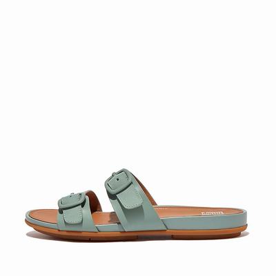 Sandalias Fitflop GRACIE Buckle Two-Bar Leather Slides Mujer Azules | Chile-70392