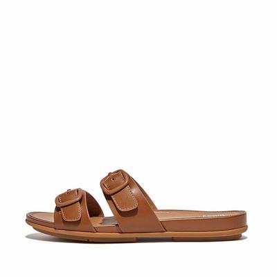 Sandalias Fitflop GRACIE Buckle Two-Bar Leather Slides Mujer Marrones | Chile-91586