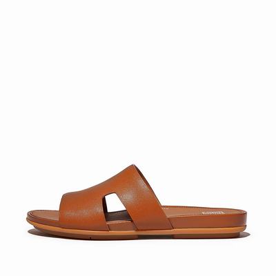 Sandalias Fitflop GRACIE Leather Slides With Toe-Post Mujer Marrones Claro | Chile-82571