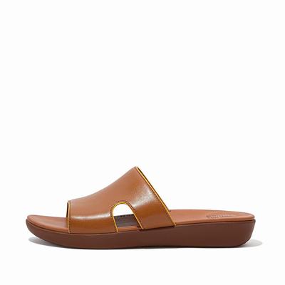 Sandalias Fitflop H-Bar Pop Binding Leather Slides Mujer Marrones Claro Naranjas Amarillo | Chile-43570