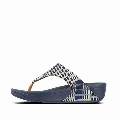 Sandalias Fitflop LULU Art Denim Toe-Post Mujer Azul Marino Blancas | Chile-01824