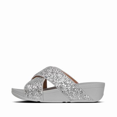 Sandalias Fitflop LULU Glitter Cross Slides Mujer Plateadas | Chile-06137