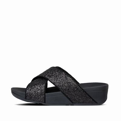 Sandalias Fitflop LULU Glitter Cross Slides Mujer Negras | Chile-95764