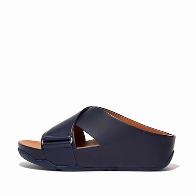 Sandalias Fitflop SHUV Leather Cross Slides Mujer Azul Marino | Chile-75621