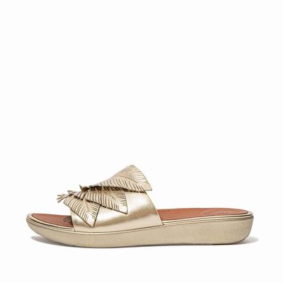 Sandalias Fitflop SOLA Feather Metallic Leather Slides Mujer Marrones Doradas | Chile-02985