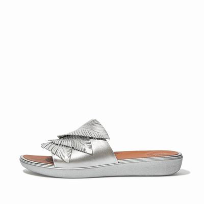 Sandalias Fitflop SOLA Feather Metallic Leather Slides Mujer Plateadas | Chile-03915