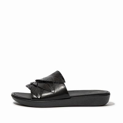 Sandalias Fitflop SOLA Feather Metallic Leather Slides Mujer Negras | Chile-30641