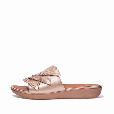 Sandalias Fitflop SOLA Feather Metallic Leather Slides Mujer Rosas Doradas | Chile-75681