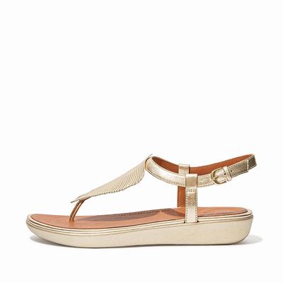 Sandalias Fitflop TIA Feather Metallic Leather Back-Strap Mujer Marrones Doradas | Chile-47968