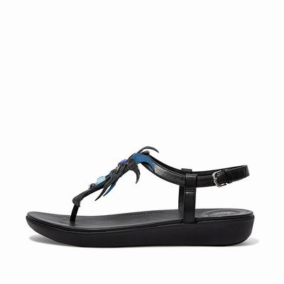 Sandalias Fitflop TIA Jewel Feather Leather Back-Strap Mujer Negras | Chile-71246