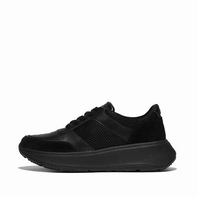 Zapatillas Fitflop F-MODE Leather/Mesh Flatform Mujer Negras | Chile-61735