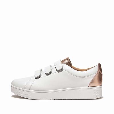 Zapatillas Fitflop RALLY Metallic-Back Leather Strap Mujer Blancas Rosas Doradas | Chile-23864