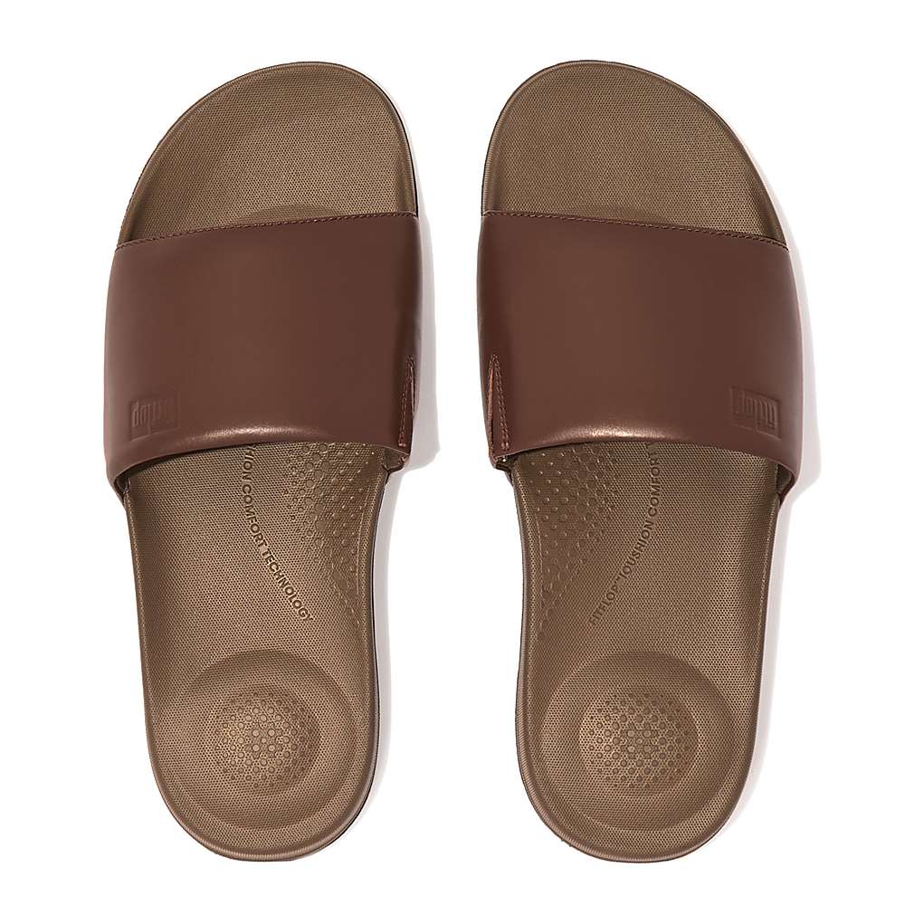 Chanclas Fitflop IQUSHION Ergonomic Leather Slides Hombre Marrones Oscuro | Chile-07291