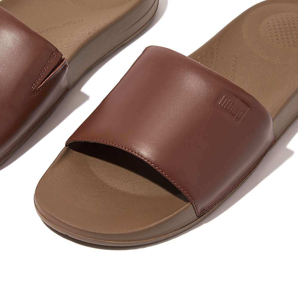 Chanclas Fitflop IQUSHION Ergonomic Leather Slides Hombre Marrones Oscuro | Chile-07291