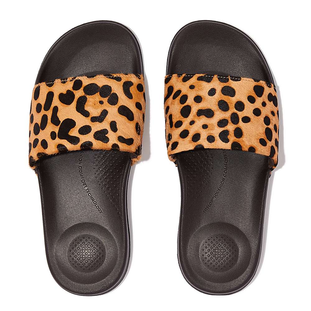 Chanclas Fitflop IQUSHION Leopard-Print Leather Slides Mujer Leopardo | Chile-54197