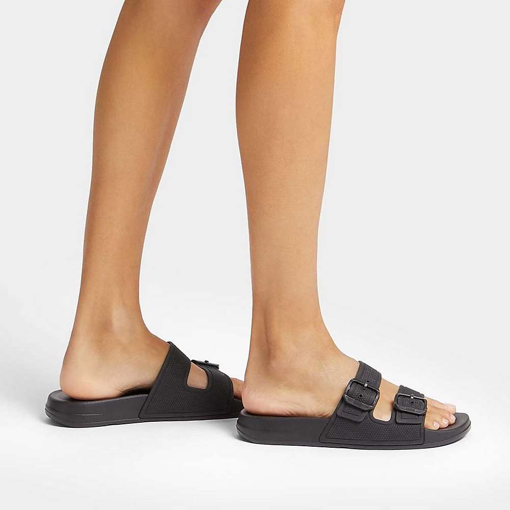 Chanclas Fitflop IQUSHION Two-Bar Buckle Slides Mujer Negras | Chile-04185