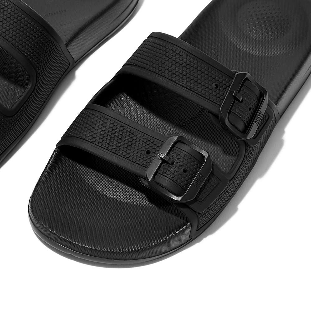 Chanclas Fitflop IQUSHION Two-Bar Buckle Slides Mujer Negras | Chile-04185