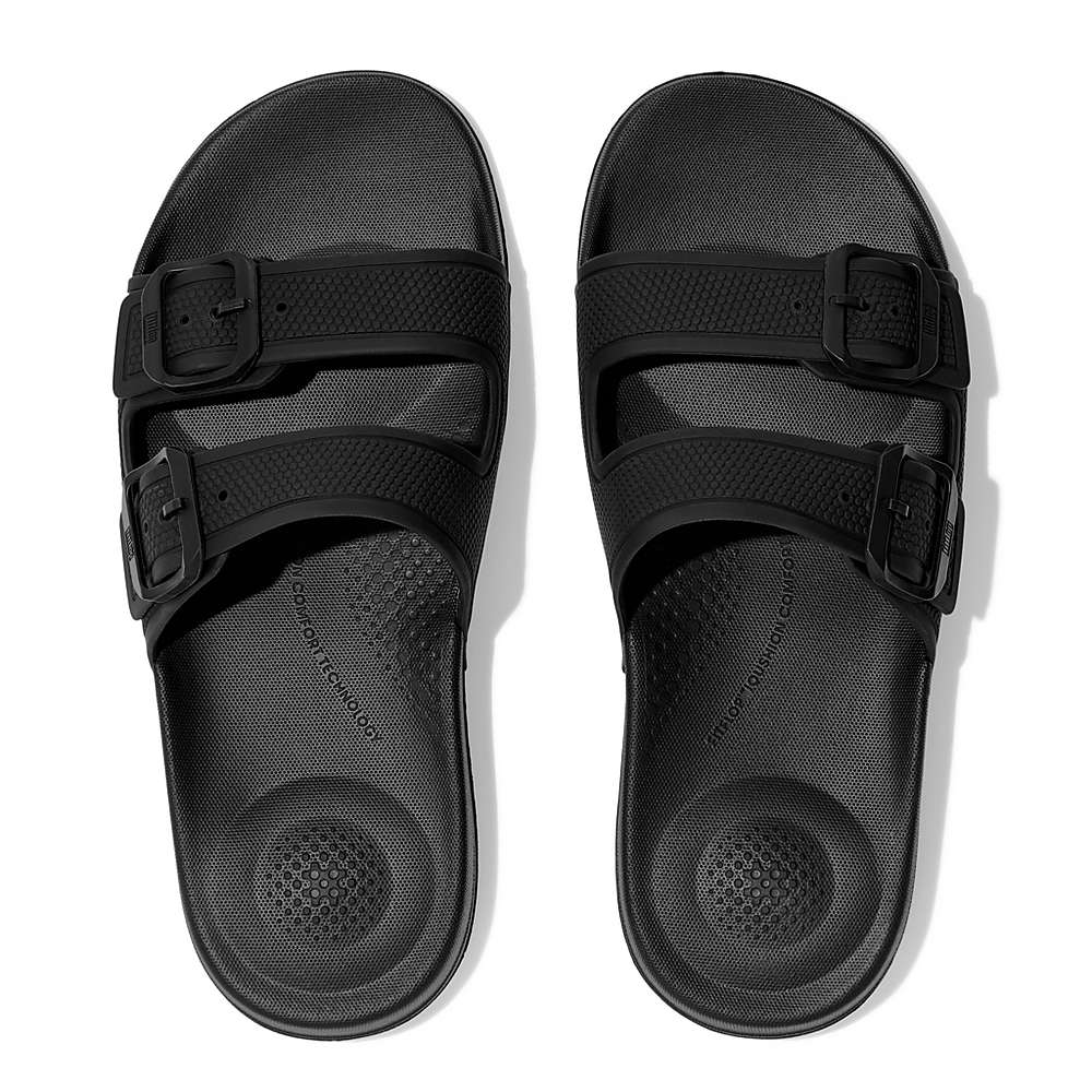 Chanclas Fitflop IQUSHION Two-Bar Buckle Slides Mujer Negras | Chile-04185