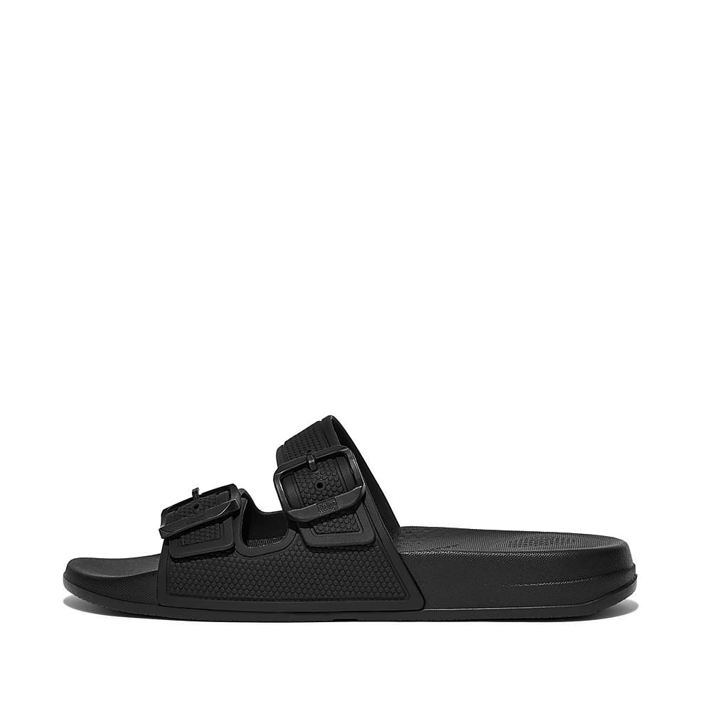 Chanclas Fitflop IQUSHION Two-Bar Buckle Slides Mujer Negras | Chile-04185