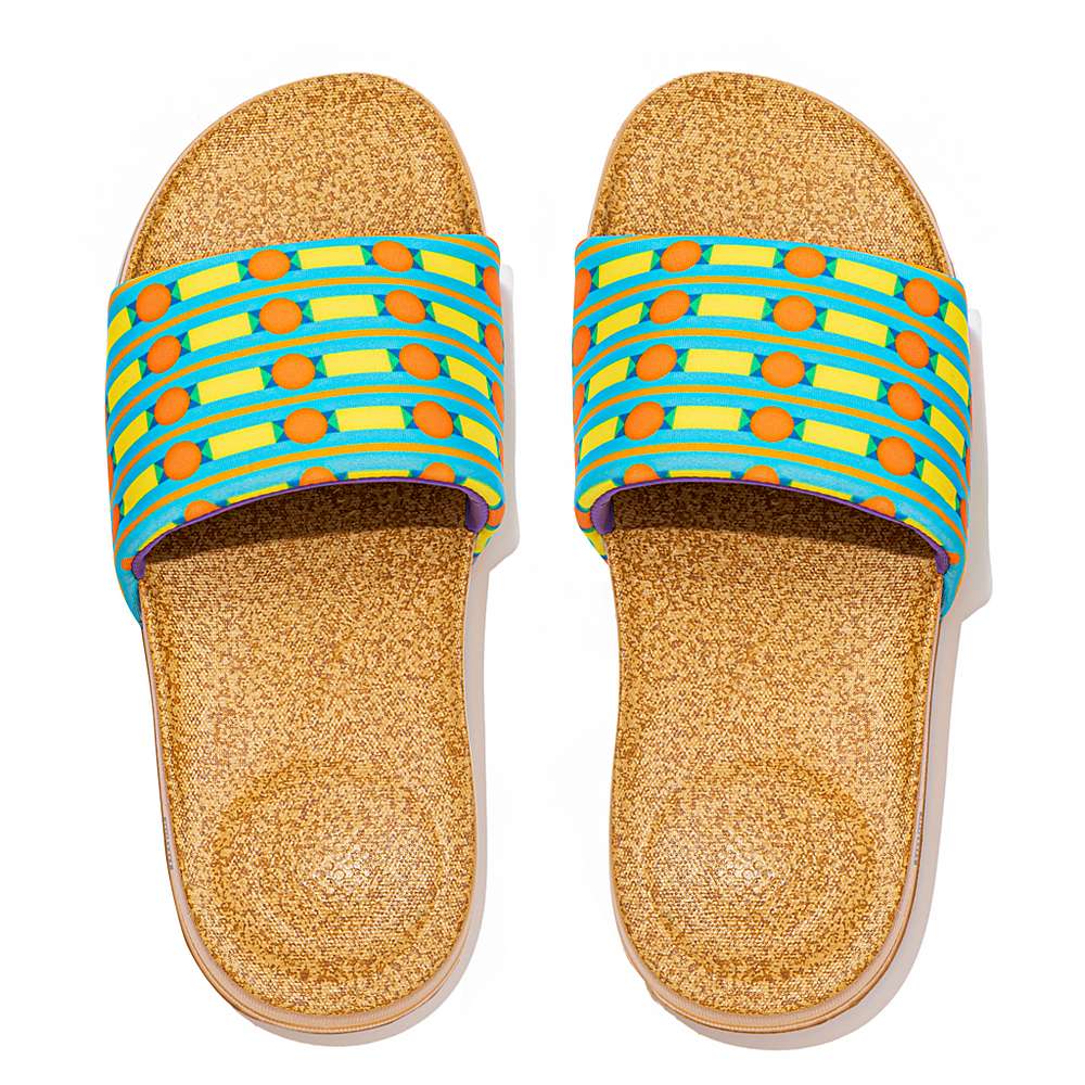 Chanclas Fitflop IQUSHION X Yinka Ilori Agua-Resistant Slides Mujer Azules Amarillo | Chile-59028