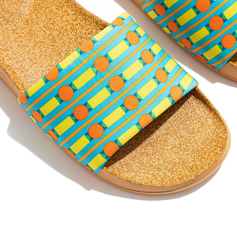 Chanclas Fitflop IQUSHION X Yinka Ilori Agua-Resistant Slides Mujer Azules Amarillo | Chile-59028