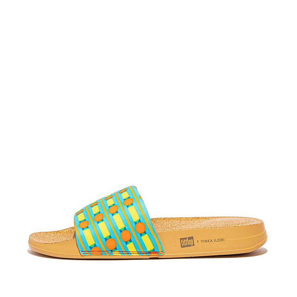 Chanclas Fitflop IQUSHION X Yinka Ilori Agua-Resistant Slides Mujer Azules Amarillo | Chile-59028