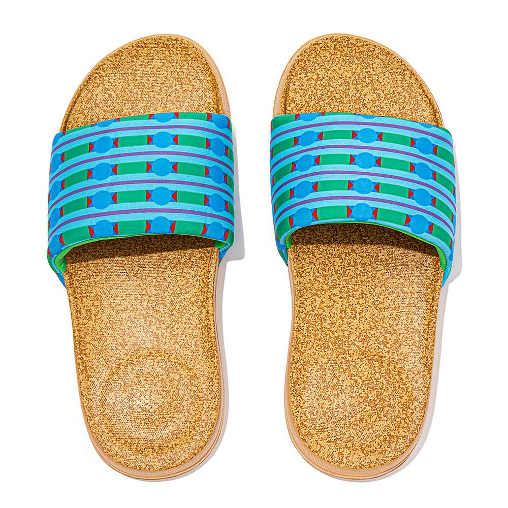 Chanclas Fitflop IQUSHION X Yinka Ilori Agua-Resistant Slides Mujer Azules Verde | Chile-60913