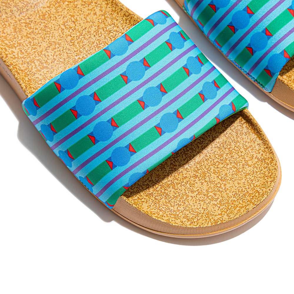 Chanclas Fitflop IQUSHION X Yinka Ilori Agua-Resistant Slides Mujer Azules Verde | Chile-60913