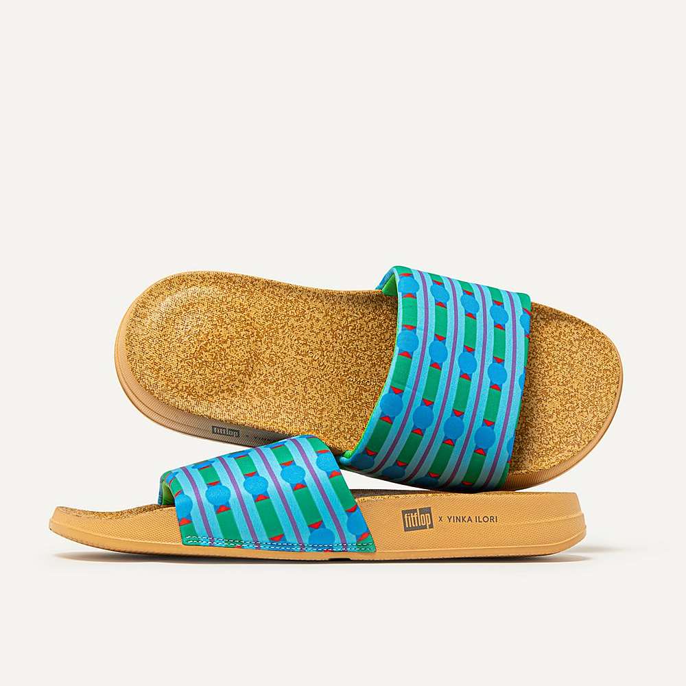 Chanclas Fitflop IQUSHION X Yinka Ilori Agua-Resistant Slides Mujer Azules Verde | Chile-60913