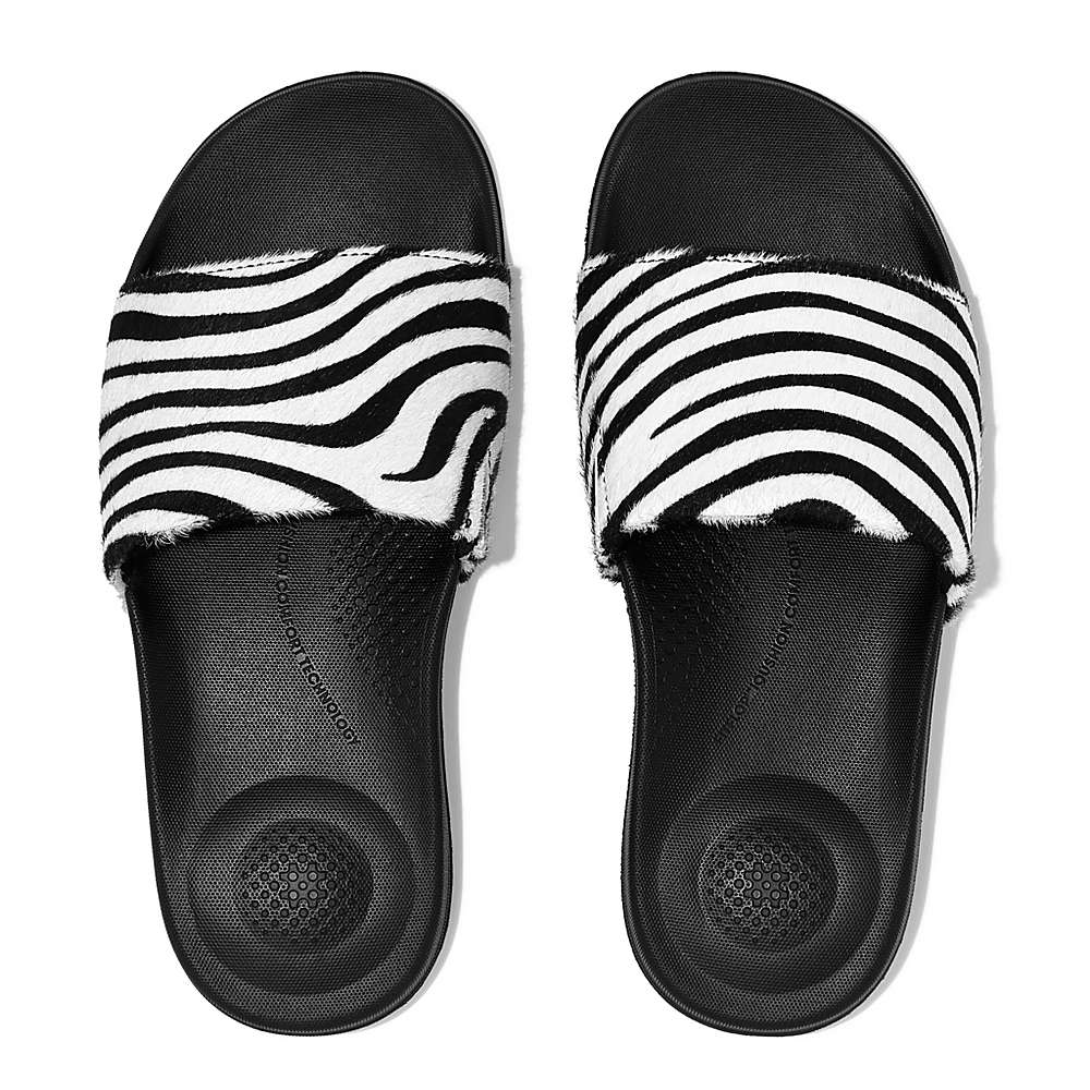 Chanclas Fitflop IQUSHION Zebra Print Leather Slides Mujer Negras Blancas | Chile-60548