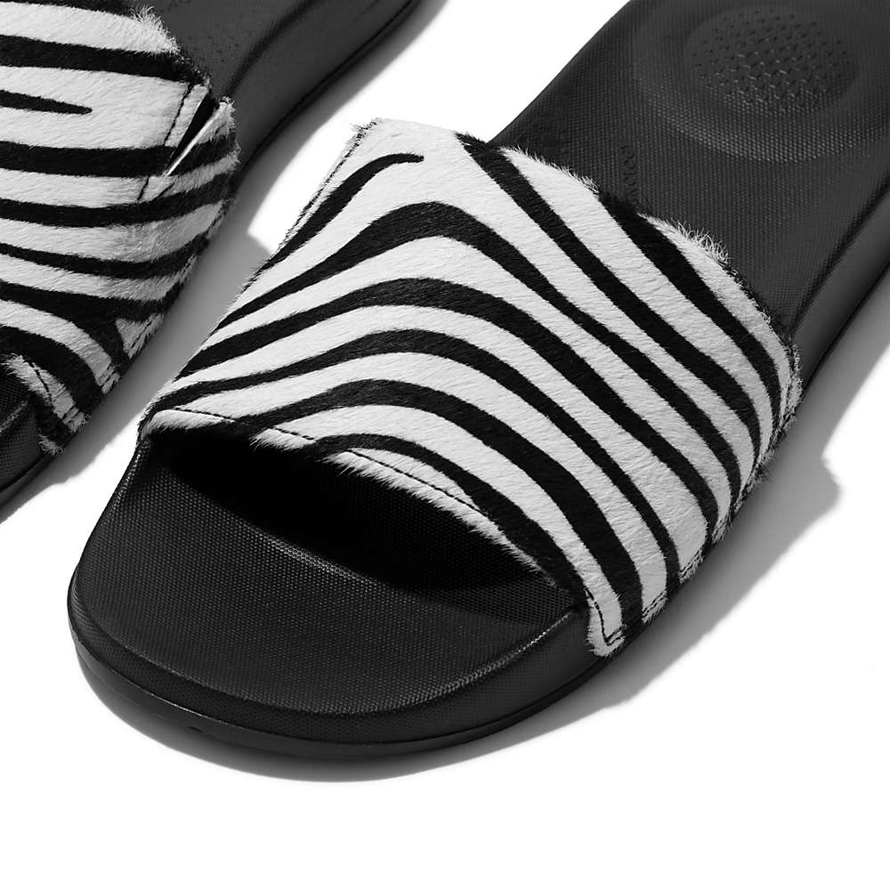 Chanclas Fitflop IQUSHION Zebra Print Leather Slides Mujer Negras Blancas | Chile-60548