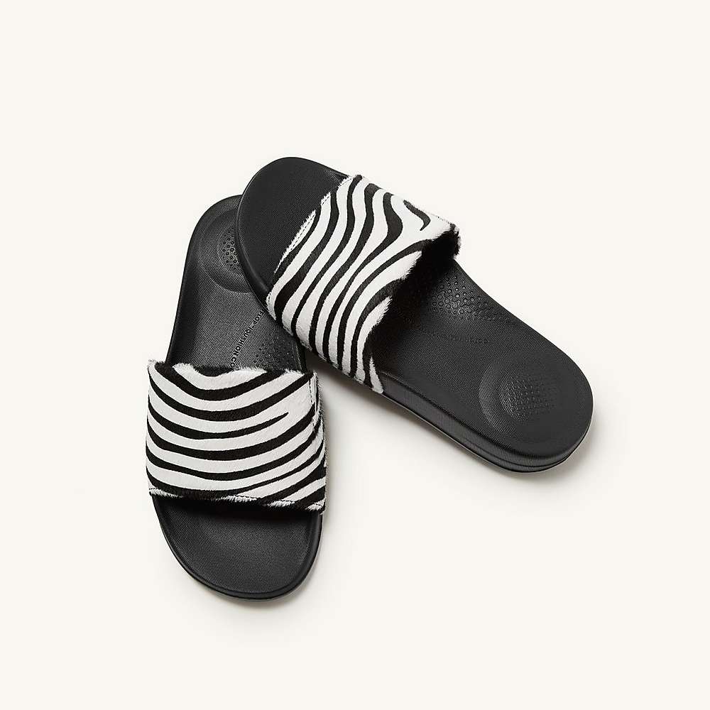 Chanclas Fitflop IQUSHION Zebra Print Leather Slides Mujer Negras Blancas | Chile-60548