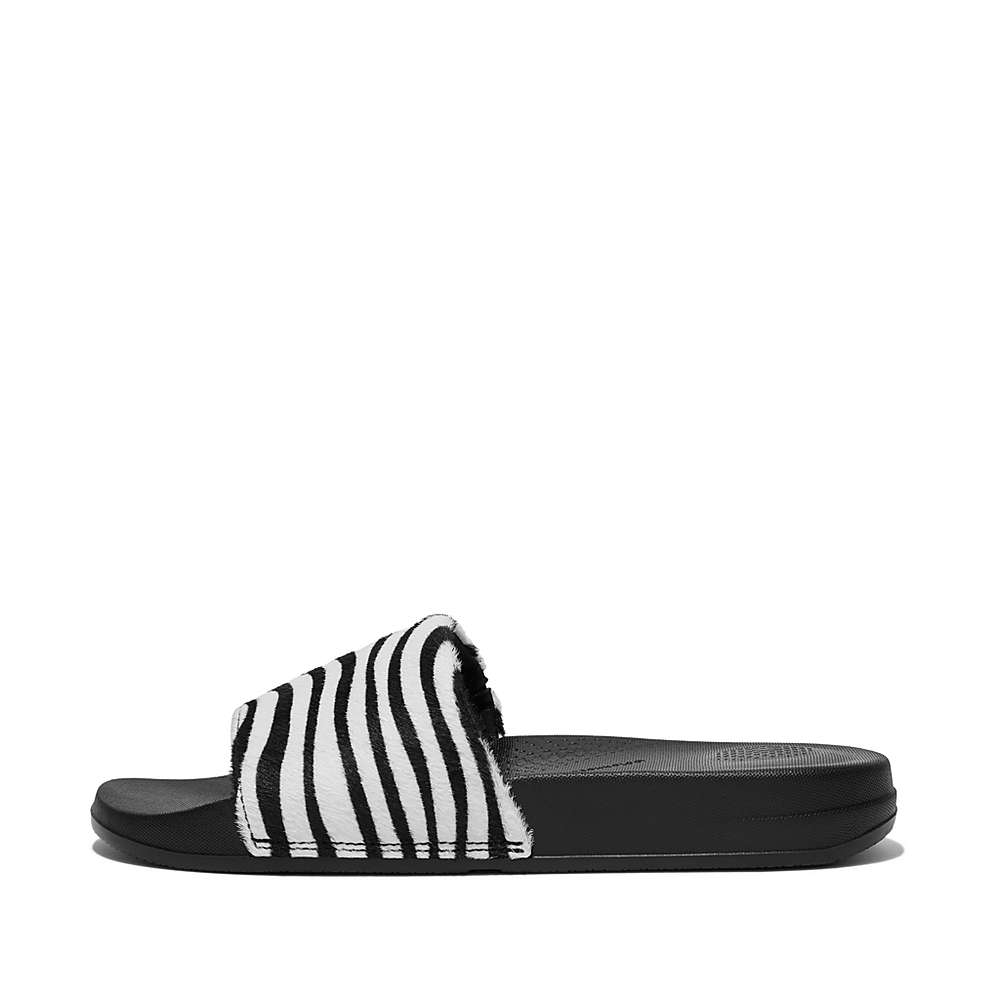 Chanclas Fitflop IQUSHION Zebra Print Leather Slides Mujer Negras Blancas | Chile-60548