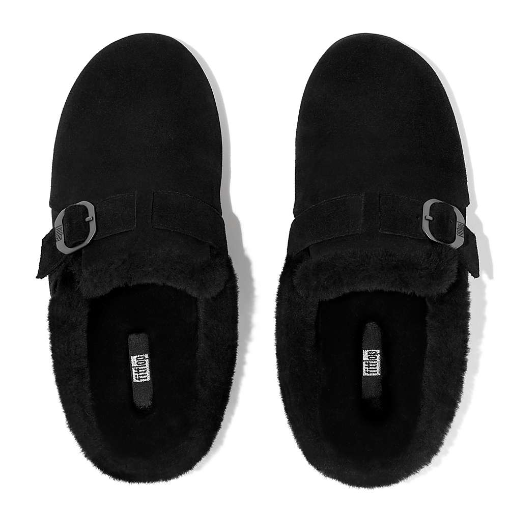 Pantuflas Fitflop CHRISSIE Buckle Shearling-Lined Suede Mujer Negras | Chile-65201