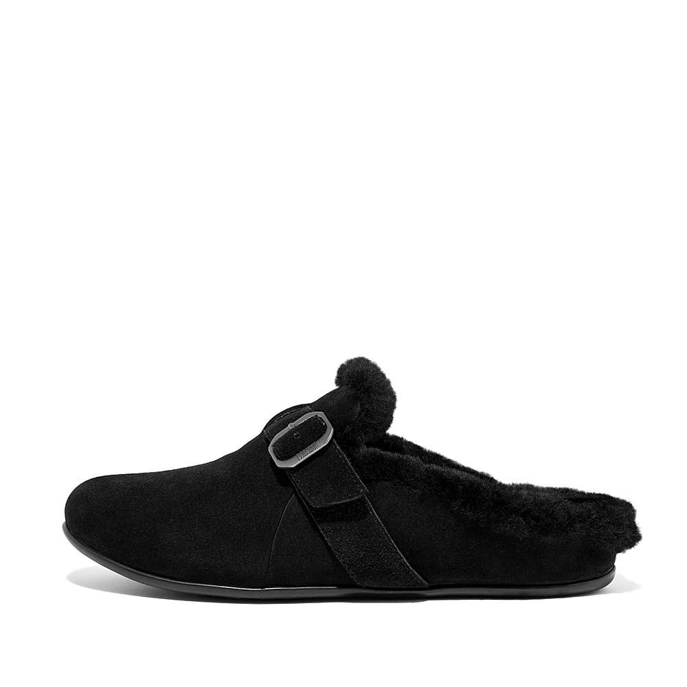 Pantuflas Fitflop CHRISSIE Buckle Shearling-Lined Suede Mujer Negras | Chile-65201