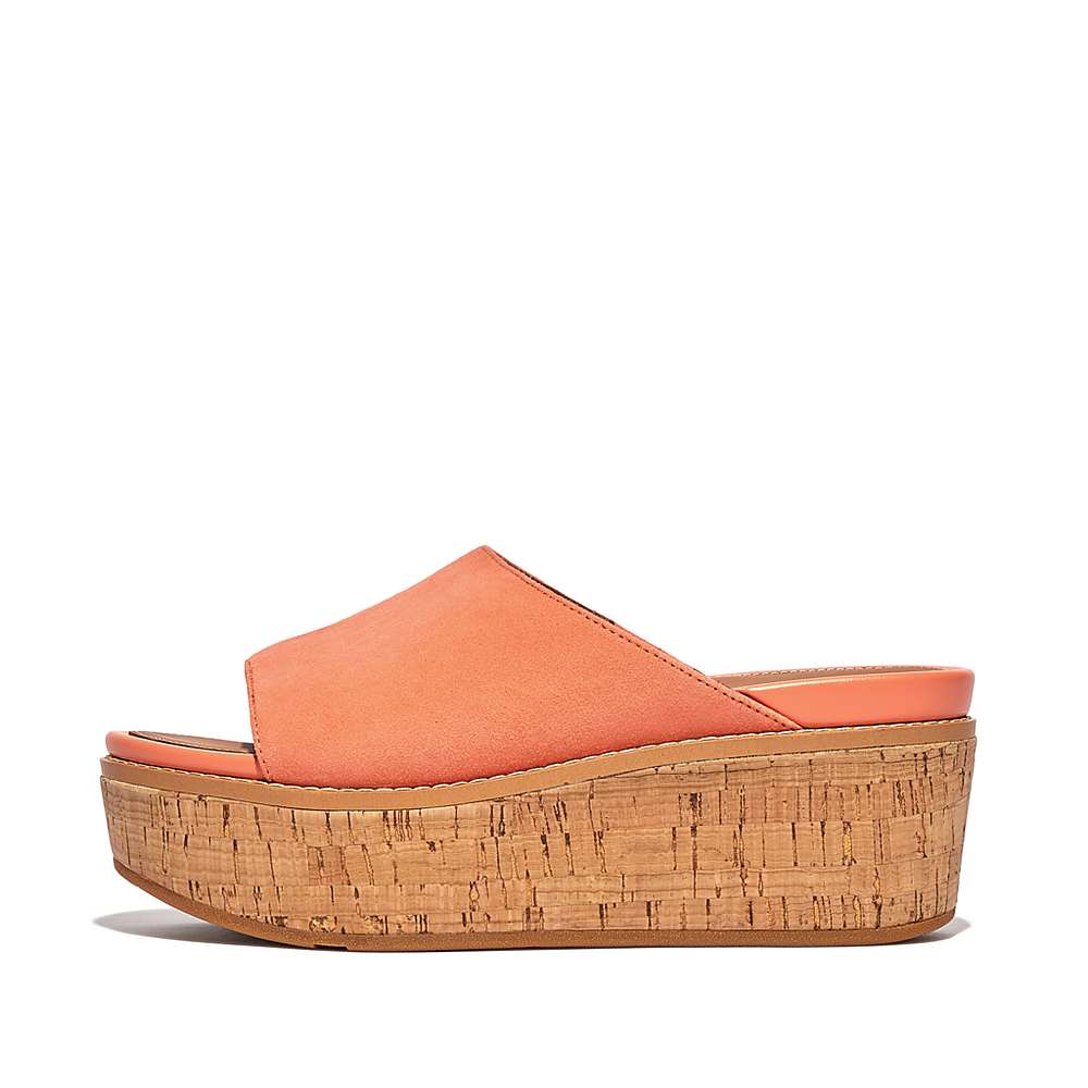 Sandalias De Cuña Fitflop ELOISE Cork-Wrap Suede Wedge Slides Mujer Naranjas Coral | Chile-32840