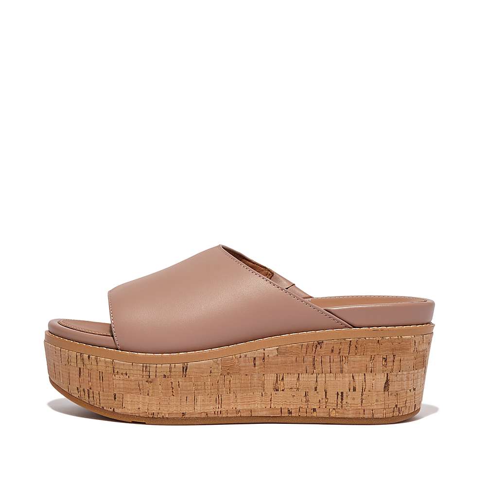 Sandalias De Cuña Fitflop ELOISE Cork-Wrap Leather Wedge Slides Mujer Beige | Chile-42760